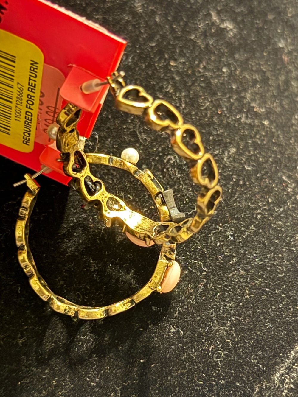 Betsey Johnson Gold Heart Hoop Black Hat& Pearl Earrings